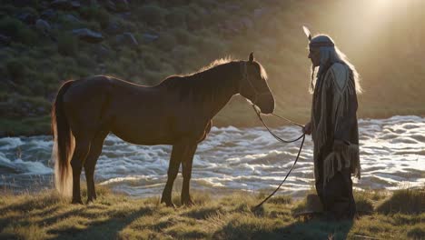 native american elder with horse by a river at sunset