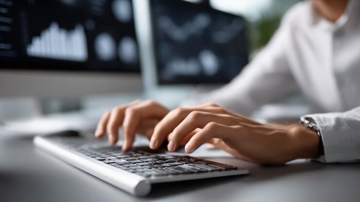 Eine konzentrierte Person tippt auf einer Tastatur in einem modernen Arbeitsbereich, umgeben von mehreren Computerbildschirmen, die Daten und analytische Grafiken anzeigen
