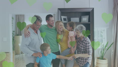 animación de corazones verdes fallidos sobre una feliz familia caucásica