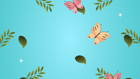hermoso jardín de hojas y mariposas volando animación