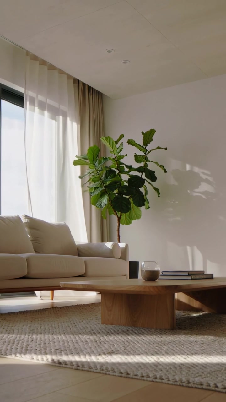 Video verticale: Sole che filtra dalla finestra, brezza leggera che muove la tenda e le foglie di fico sopra il divano.