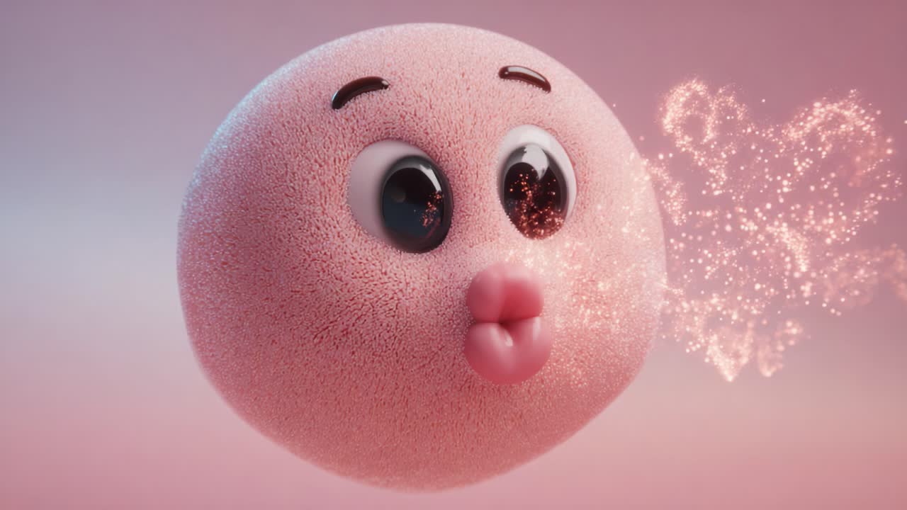 Charming Animated Character Blowing Sparkling Hearts: A Whimsical Pink Sphere with Cute Features and a Delightful Expression, Captured in Two Dynamic Frames for a Playful Scene