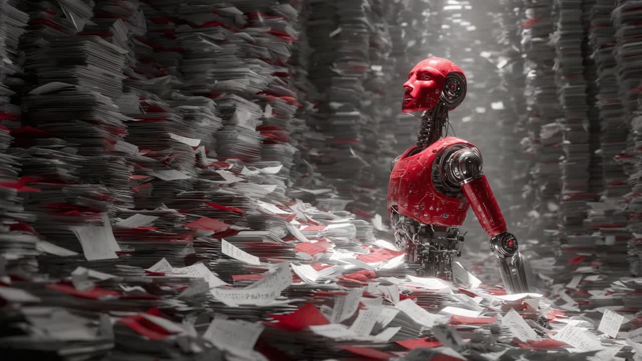 A Striking Visual of a Red Robot Amidst a Sea of Papers, Capturing the Intersection of Technology and Information Overload in a Stunning Futuristic Environment