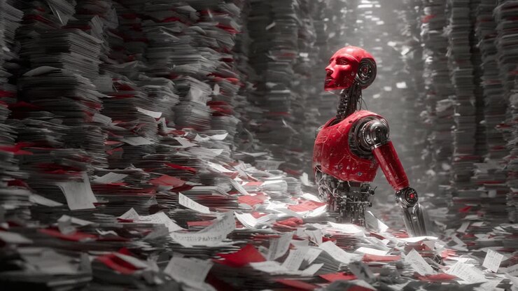 Un’immagine straordinaria di un robot rosso in un mare di documenti, che cattura l'intersezione tra tecnologia e sovraccarico di informazioni in un fantastico ambiente futuristico