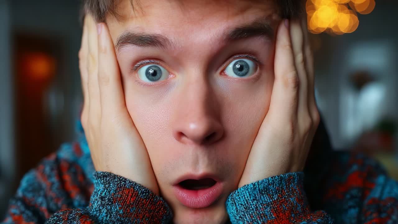 Astonished Expression: Capturing the Moment of Shock and Surprise in Close-Up, Highlighting the Depth of Emotion and Reaction in the Individual's Eyes and Body Language