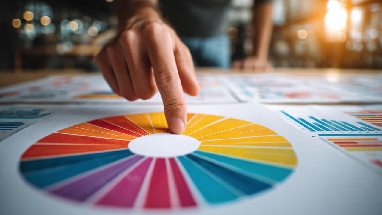 Focused Analysis: A Close-Up of a Hand Pointing at a Colorful Chart, Highlighting Data Interpretation and Visual Presentation Techniques in a Modern Work Environment