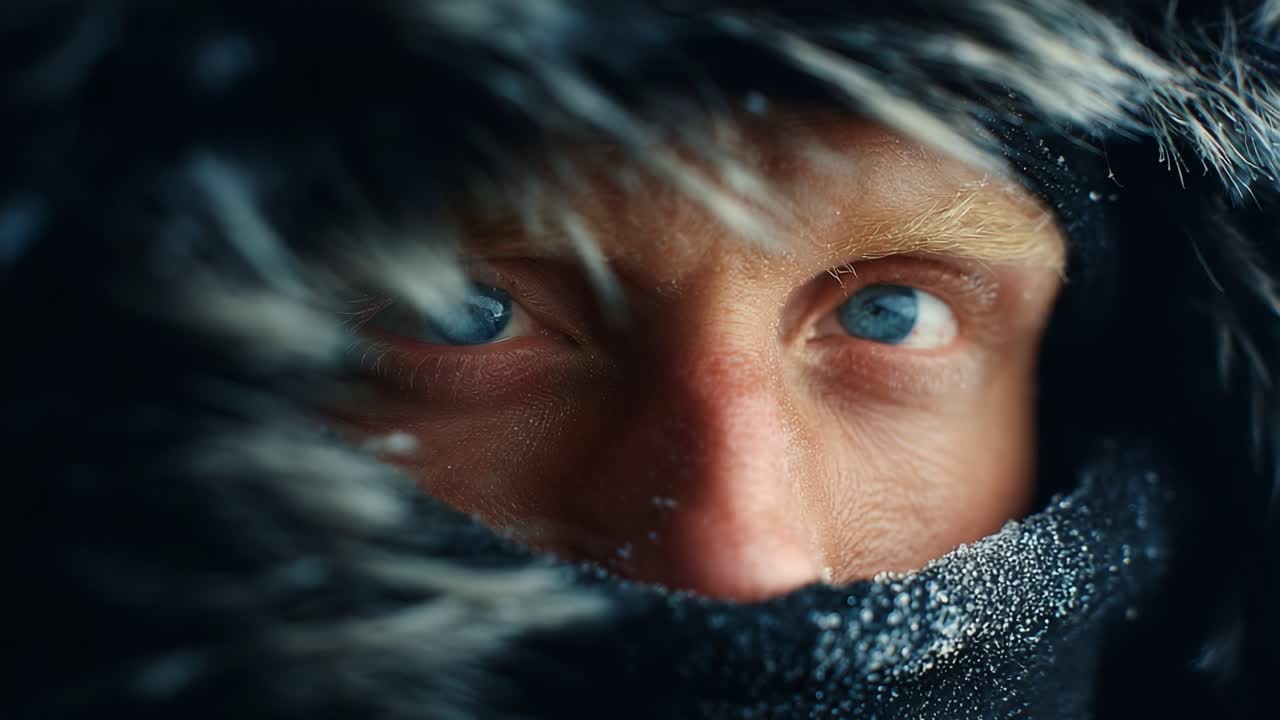 A Close-Up of an Intense Gaze: Examining the Depth of Emotion in Eyes Framed by Fur Amidst a Cold and Snowy Environment Portraying the Element of Winter Survival