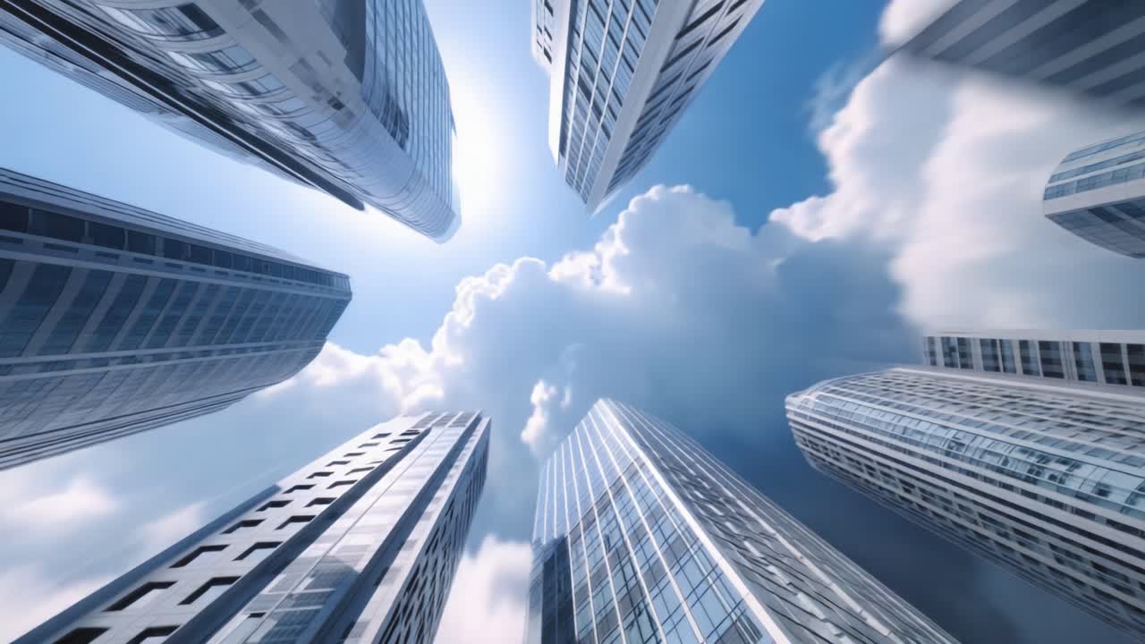 Esplorare il contrasto drammatico dei grattacieli urbani in diverse condizioni atmosferiche: dalle nuvole tempestose al cielo sereno in una prospettiva di paesaggio urbano