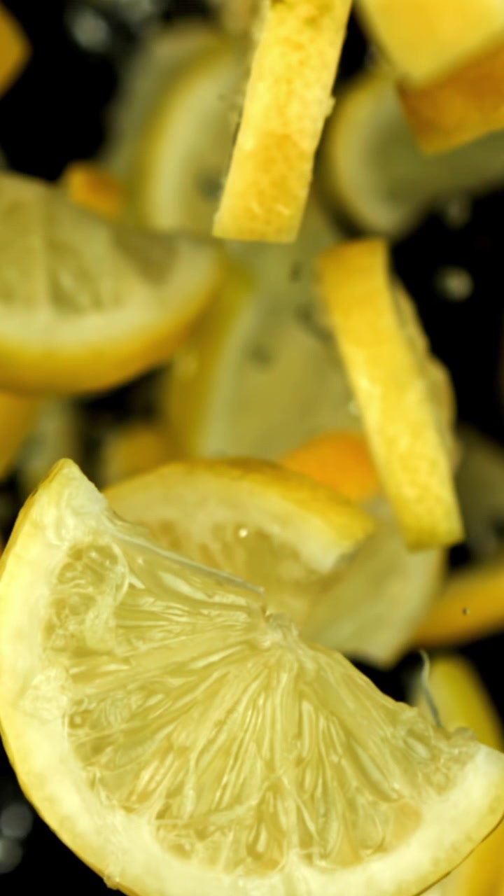 Fette di limone fresche che galleggiano nell'acqua con bolle su sfondo nero