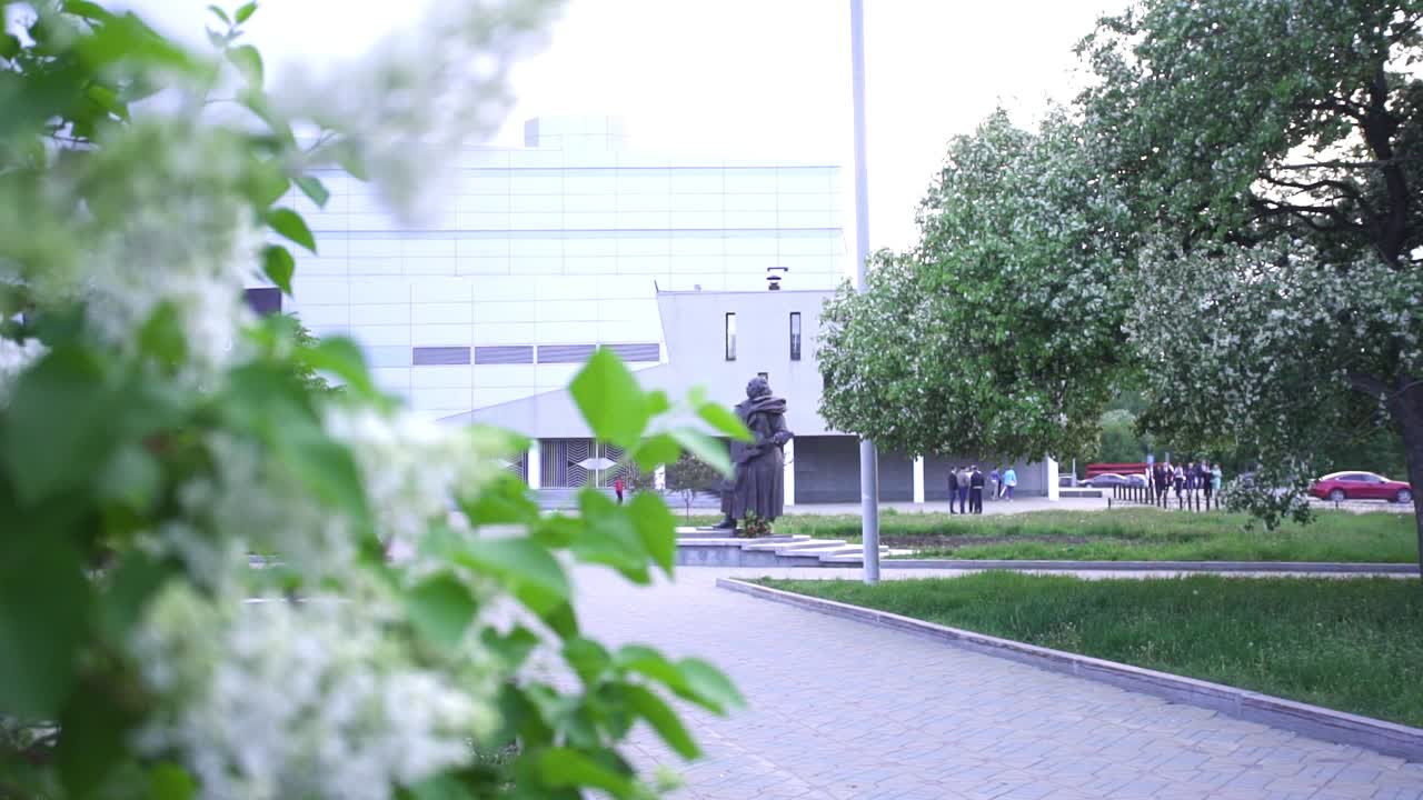 лилавые цветы и городской пейзаж