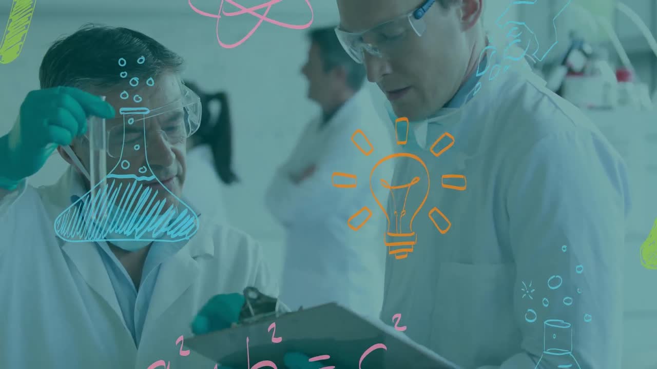 animación de múltiples iconos de conceptos científicos sobre dos científicos caucásicos que trabajan en el laboratorio