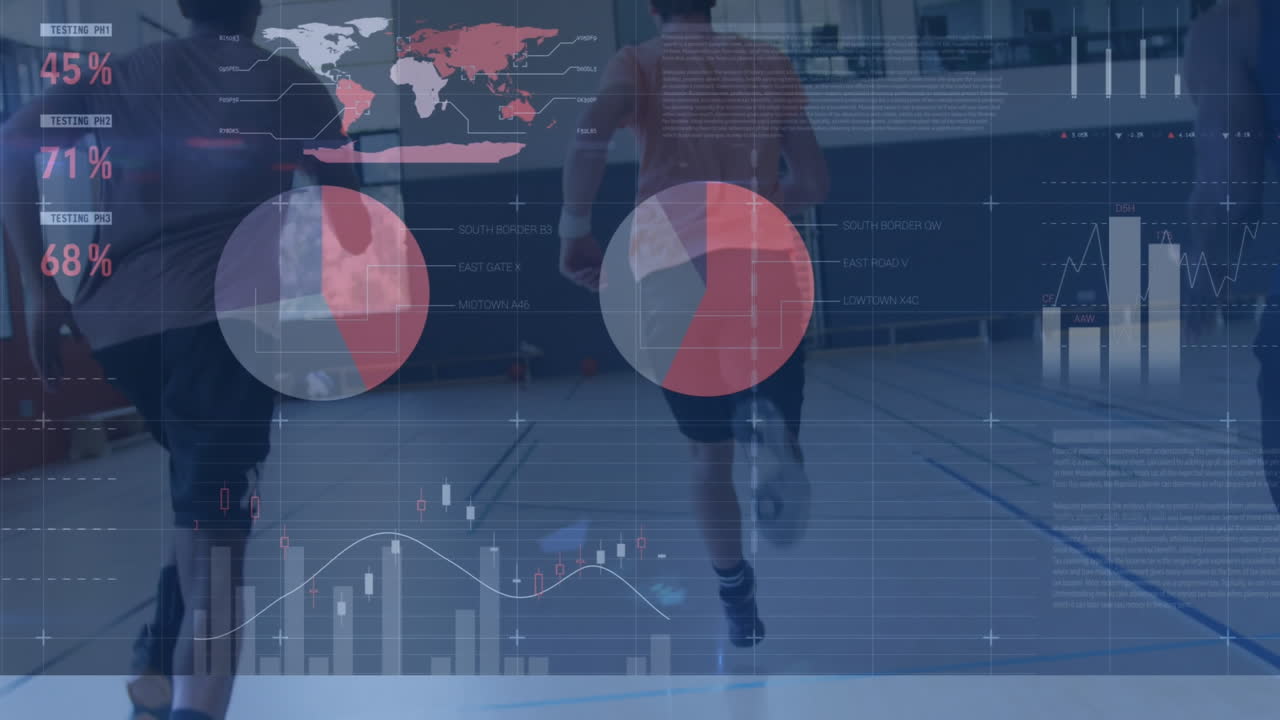 체육관에서 다양한 농구 선수들에 대한 금융 데이터 처리 애니메이션