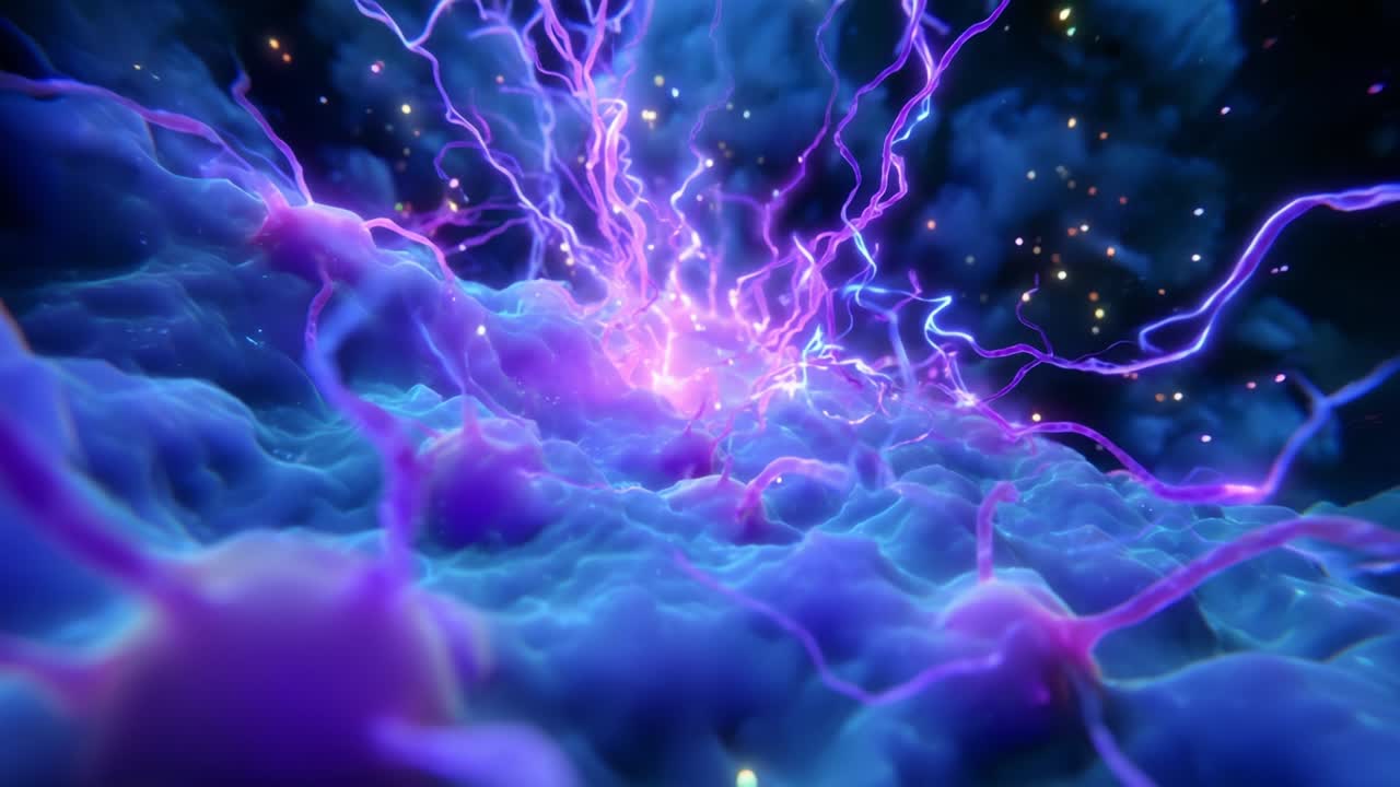 An Intricate Visual Journey through Neurons: Dynamic Electric Currents and Pulsating Activity Showcasing the Complex Interplay of Signals in Neural Networks and Synaptic Communication