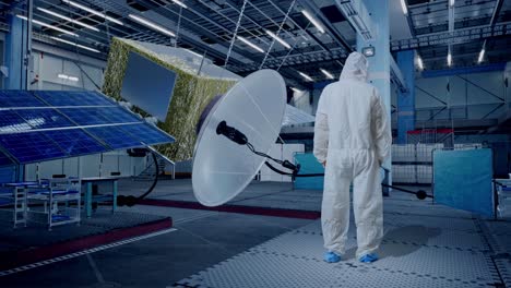 full body back view of asian male scientist having a headache while standing with spacecraft construction
