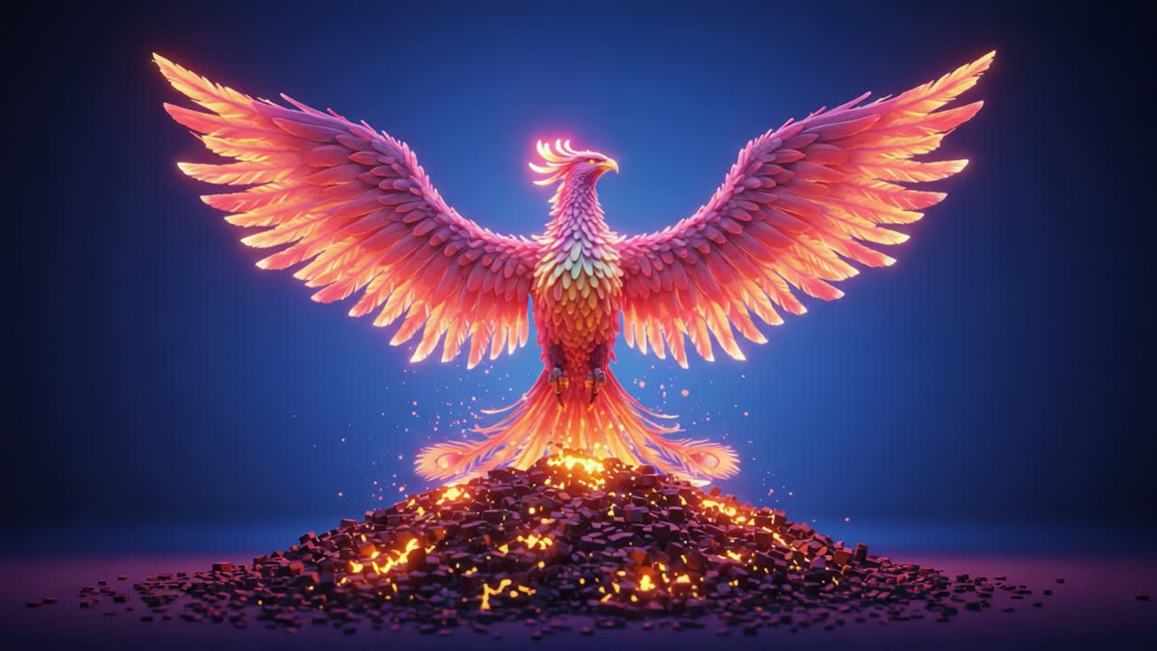 A Majestic Phoenix Rising from a Glowing Pile of Treasures, Symbolizing Resurrection and Transformation in a Stunningly Colorful Display of Light and Fire
