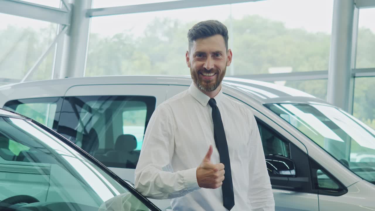 hombre de negocios mostrando el pulgar hacia arriba mientras compra un coche en el salón