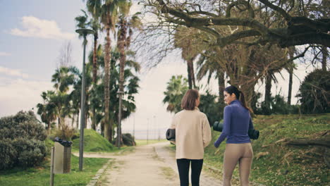 relaxed yogini speaking at street walk together. sport women strolling back view