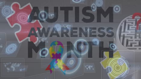 animación de piezas de rompecabezas coloridas, texto del mes de concienciación sobre el autismo