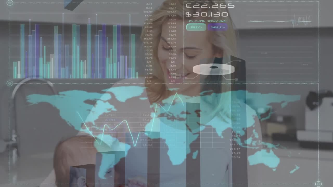 animación del procesamiento de datos sobre una madre caucásica con un bebé