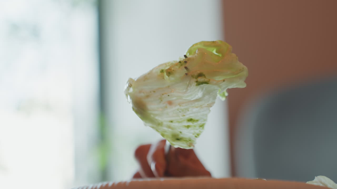 Closeup lettuce on fork gentle hand picks crisp pale leaf over ceramic plate with light vinaigrette soft window light minimalist interior home cook tasting dressing nutritionist demo quiet solo lunch