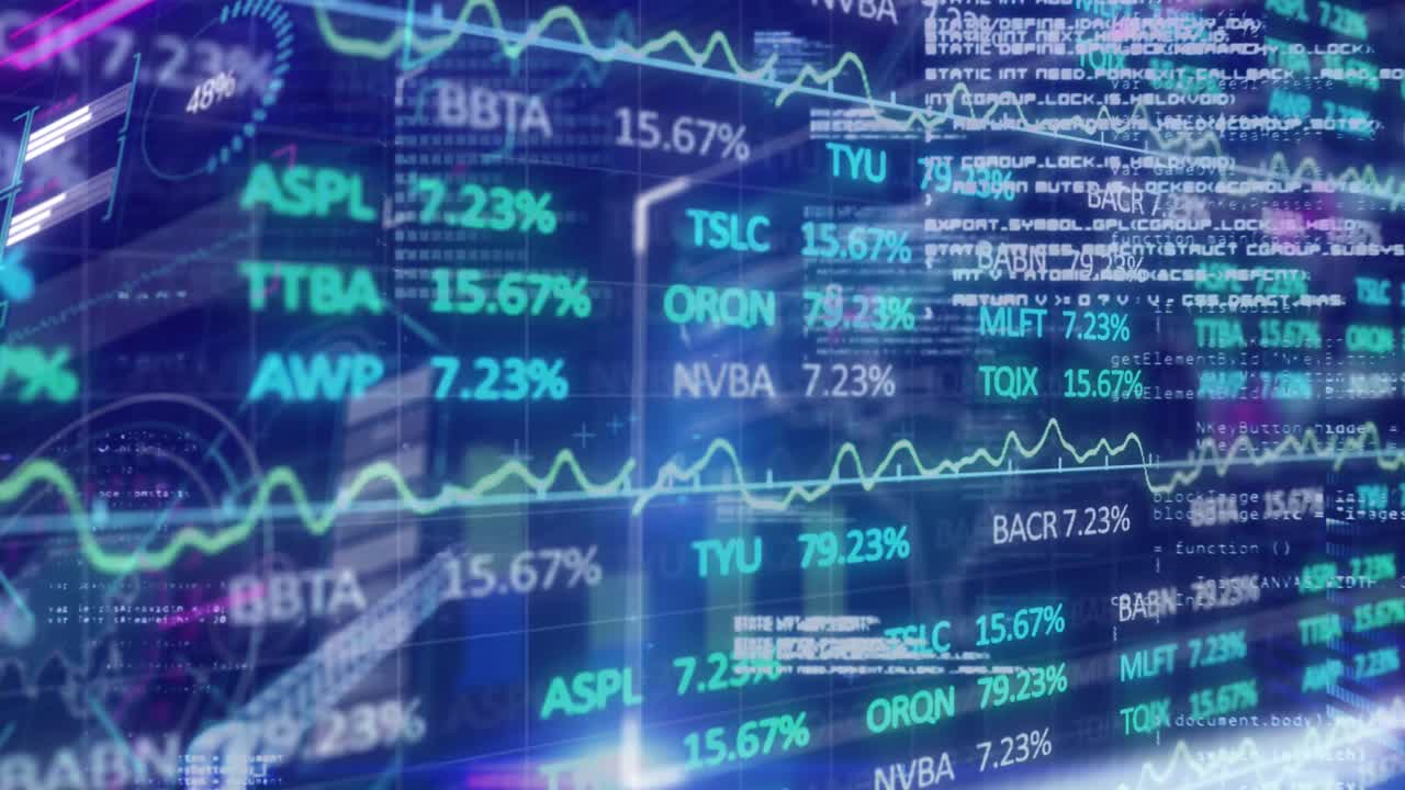 Animation of financial data processing over dark background