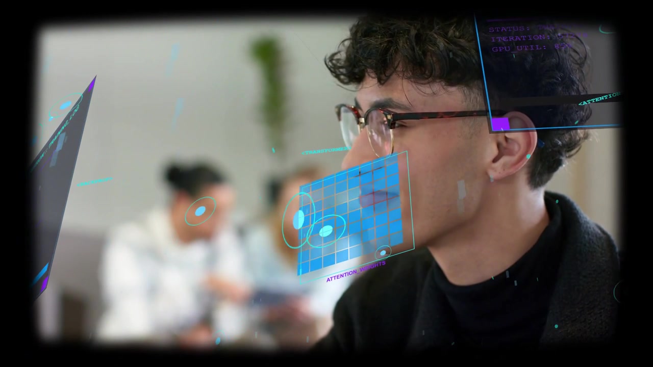 Seated man with glasses turning toward monitor, HUD appearing over face while analyzing tech data