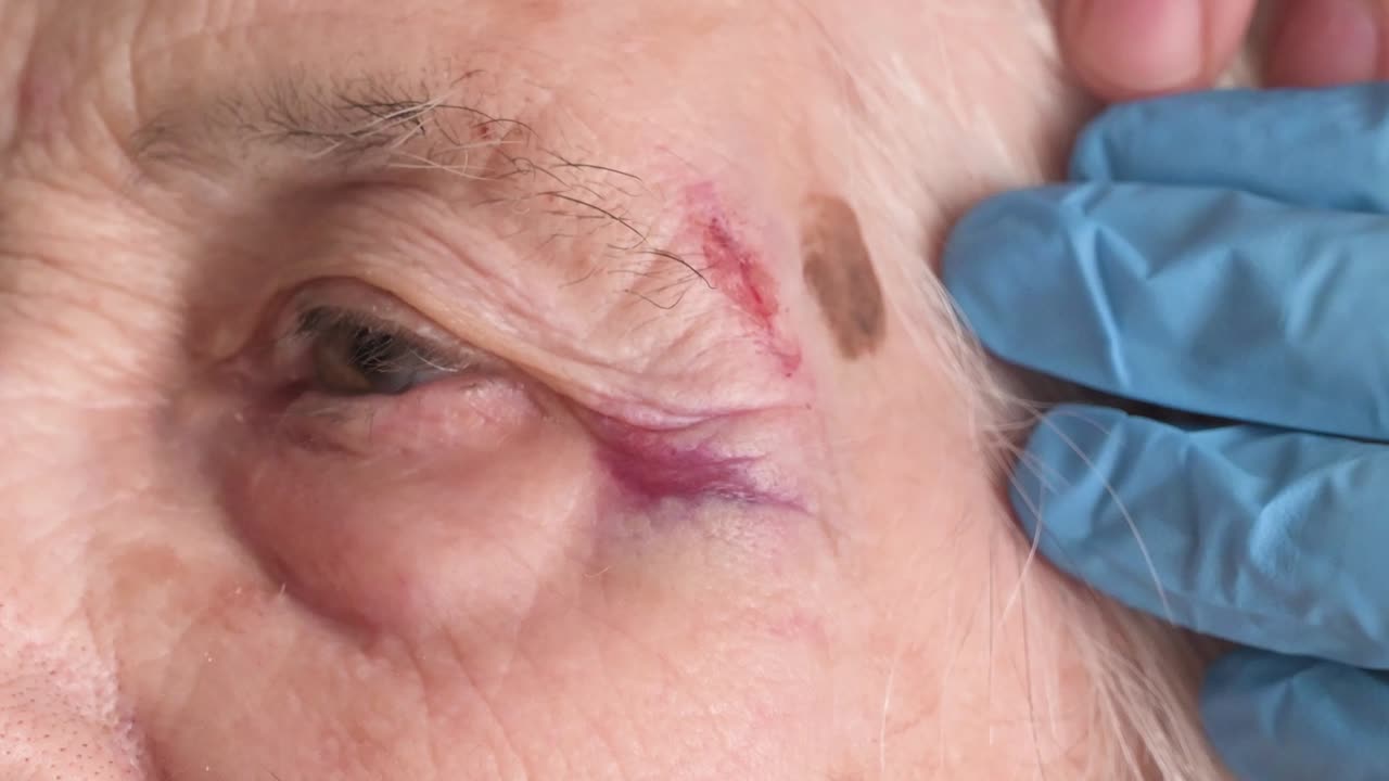 Doctor wearing blue gloves examining a bruise near the eye of an elderly woman