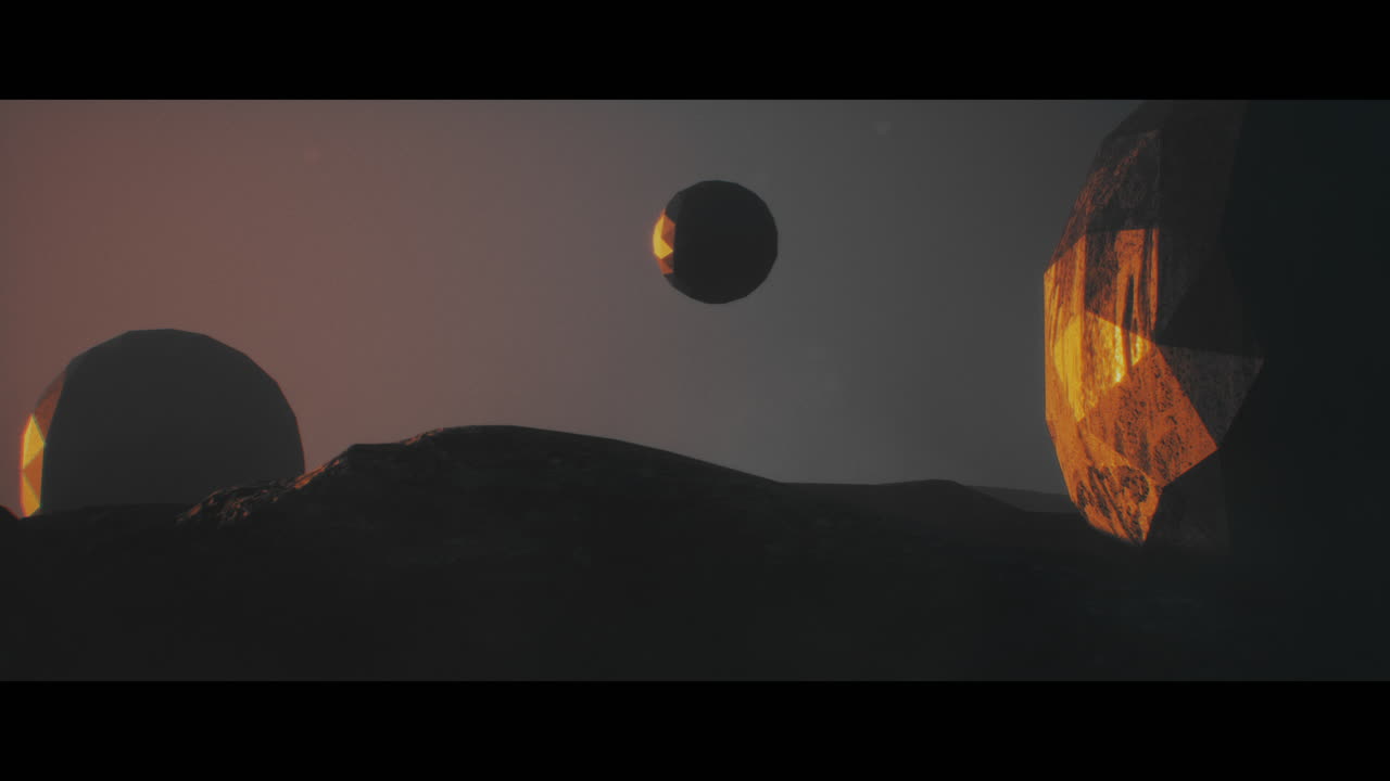 Alien planet desert landscape during sunset with strange sphere-shaped buildings