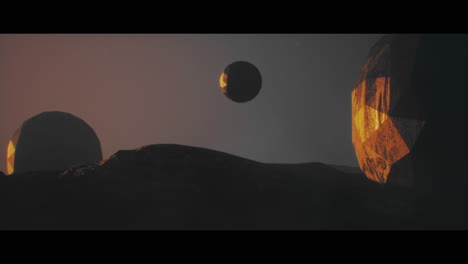 alien planet desert landscape during sunset with strange sphere-shaped buildings