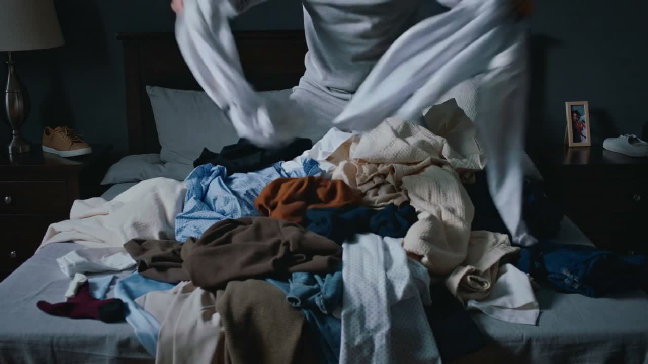 Rummaging man in light top pulling clothes in bedroom after noticing missing item, sneaker visible