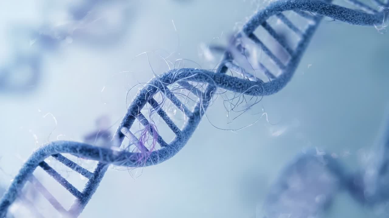 Elica di DNA sfocata blu che ruota mentre la camera segue il microcampo, mostrando i pioli, le fibre fluttuanti
