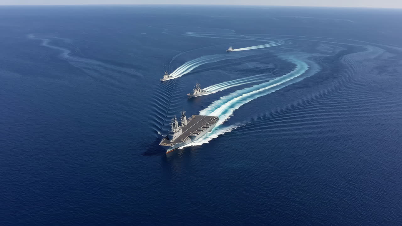 Naval Ships in Formation at Sea