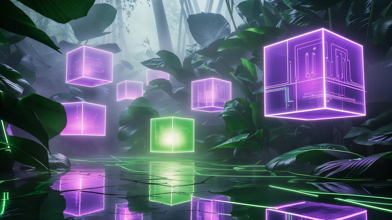 Futuristic Jungle with Glowing Neon Cubes and Digital Circuits