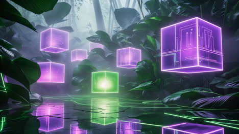 futuristic jungle with glowing neon cubes and digital circuits
