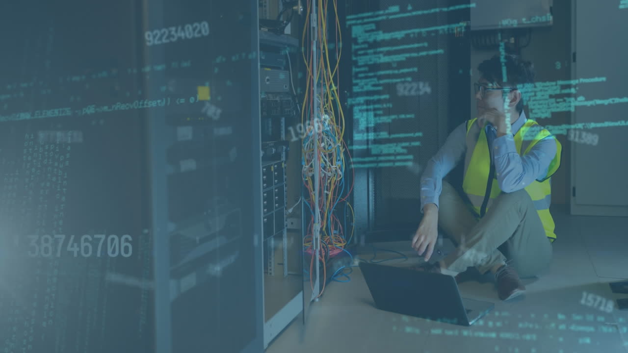 animazione dell'elaborazione dei dati e del cambio di numeri su un ingegnere maschio asiatico che usa un portatile nella sala server.