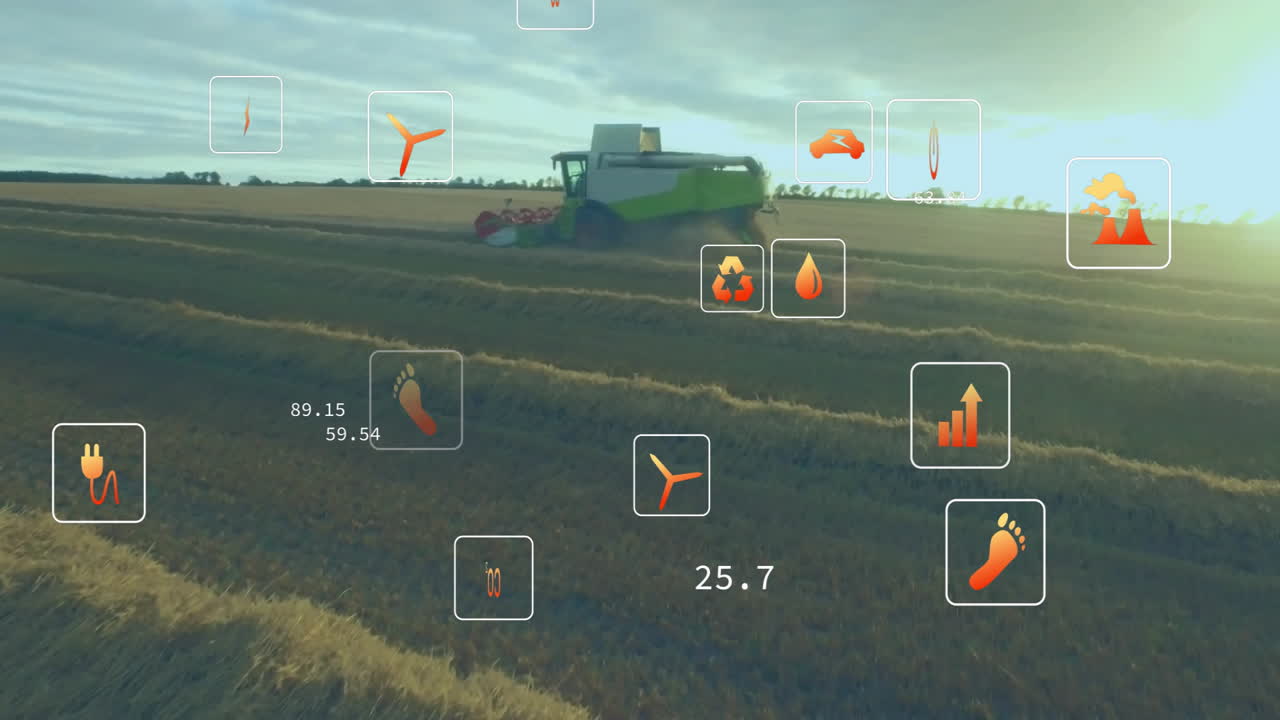 Green combine harvester cutting through golden field at sunset, showing telemetry icons and metrics