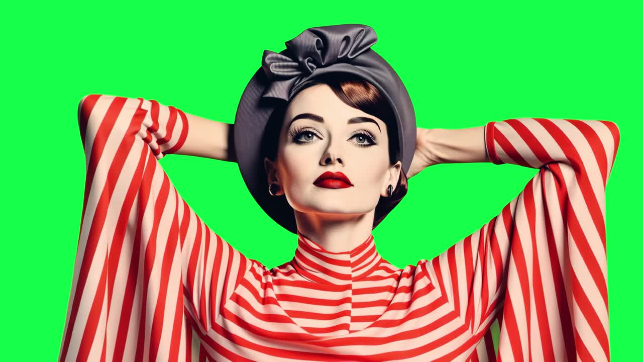 Vintage moda zarafeti portre animasyonu, şeffaf 4K video, yeşil ekran.