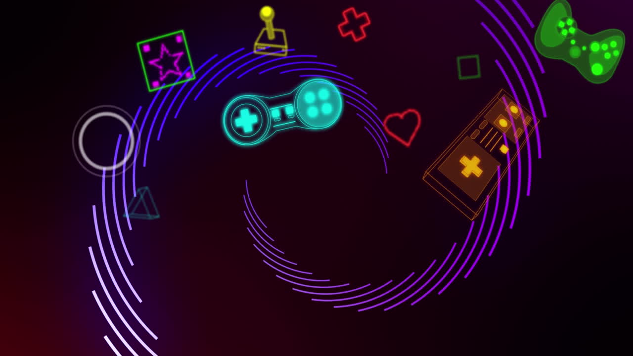 네온 비디오 게임 디지털 인터페이스의 애니메이션이 보라색 빛 트레일 위에서  ⁇ 박이는 모습