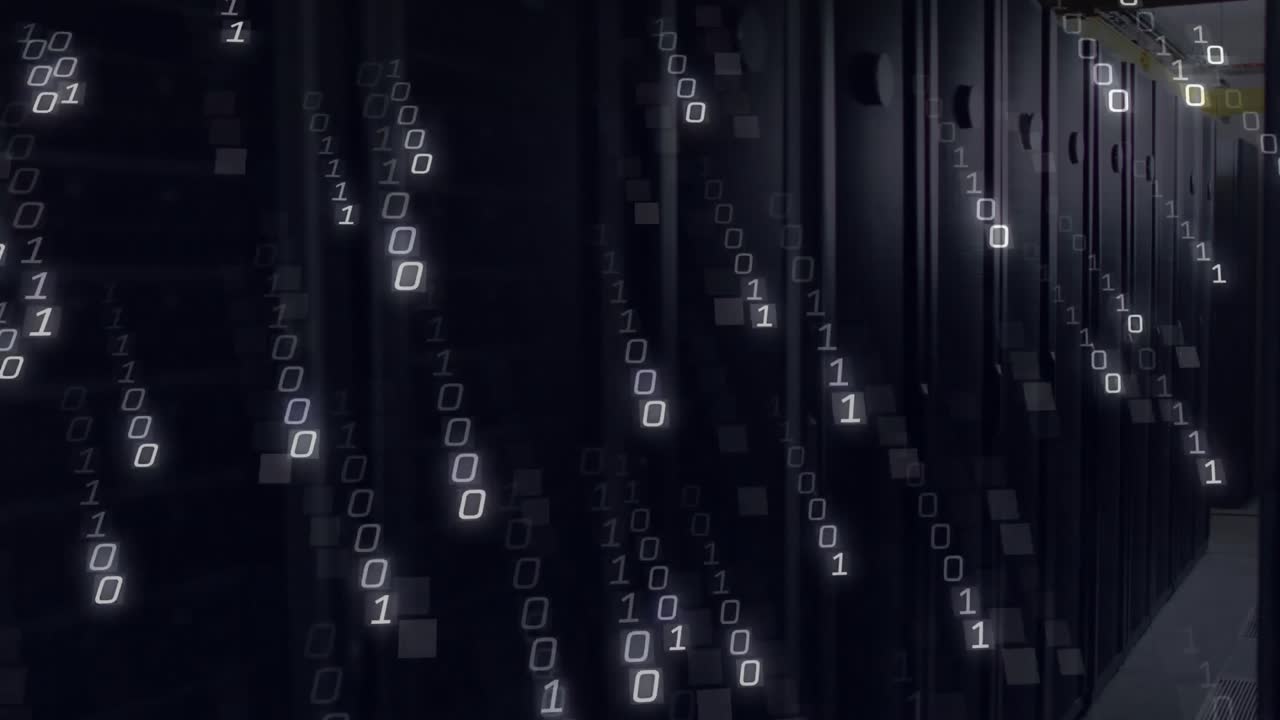 Glowing binary digit appearing sparking code stream falling over server racks visualizing data flow