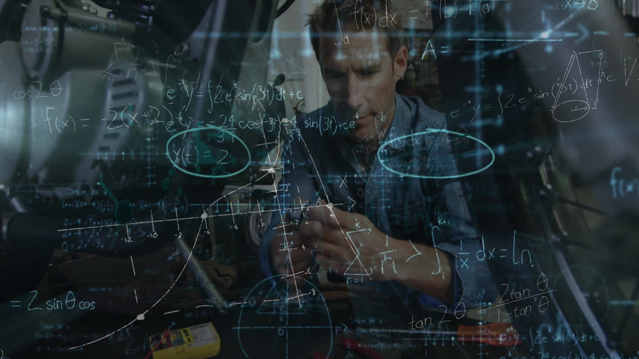 모터사이클에서 일하는 백인 남성 메카닉에 대한 수학적 방정식의 애니메이션