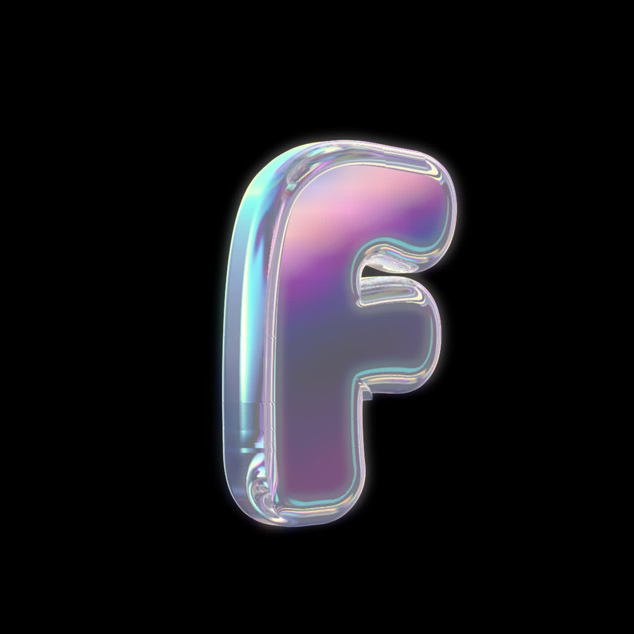 Lettera F rotante di una bolla iridescente su sfondo nero