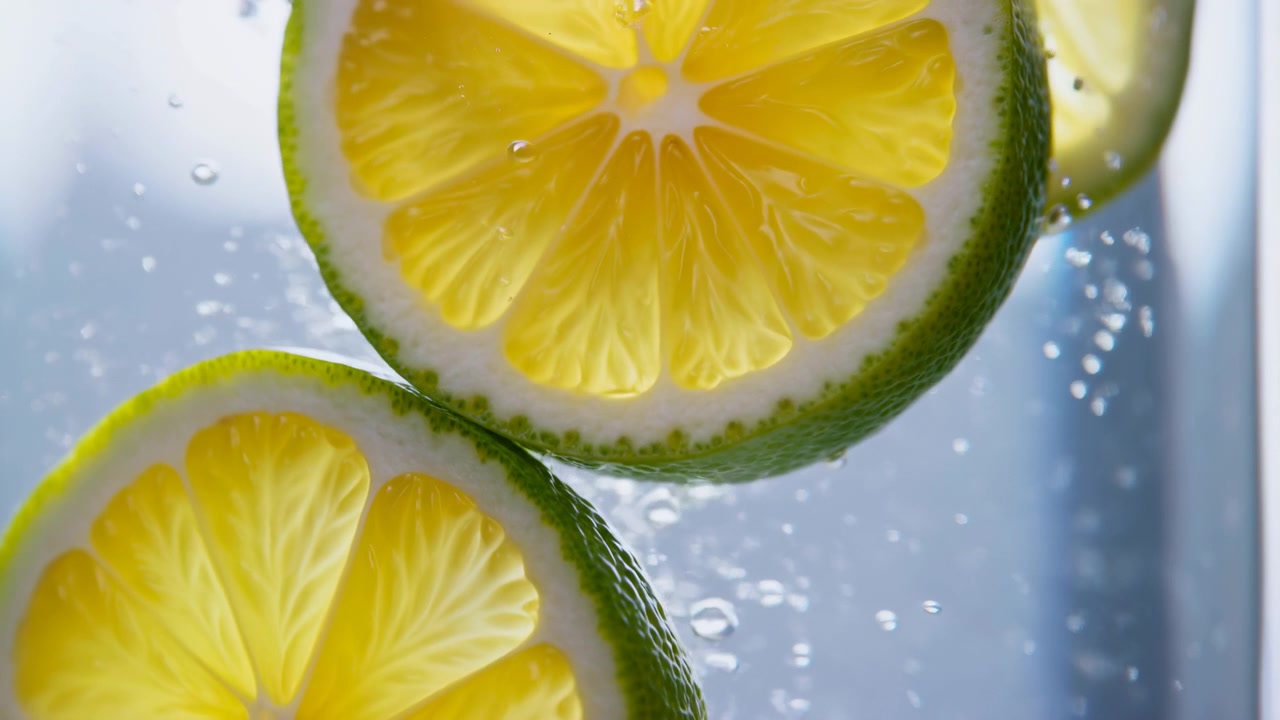 Zesty Lime Slices In Sparkling Water, Closeup Of Vibrant Yellow Flesh And Green Rind With Rising Bubbles