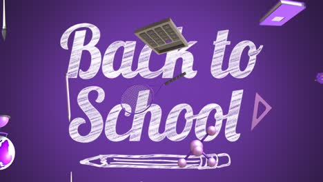 Animation-of-education-icons-with-back-to-school-text-over-purple-background