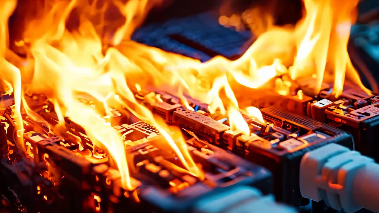 서버 방에서 불타는 이더넷 케이블 한 어리