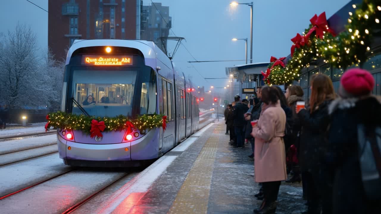 A Beautiful Winter Scene with a Festively Decorated Tram Arriving at a Snowy Station Surrounded by Passengers in Winter Attire Ready to Board Amidst the Soft Glow of Street Lights