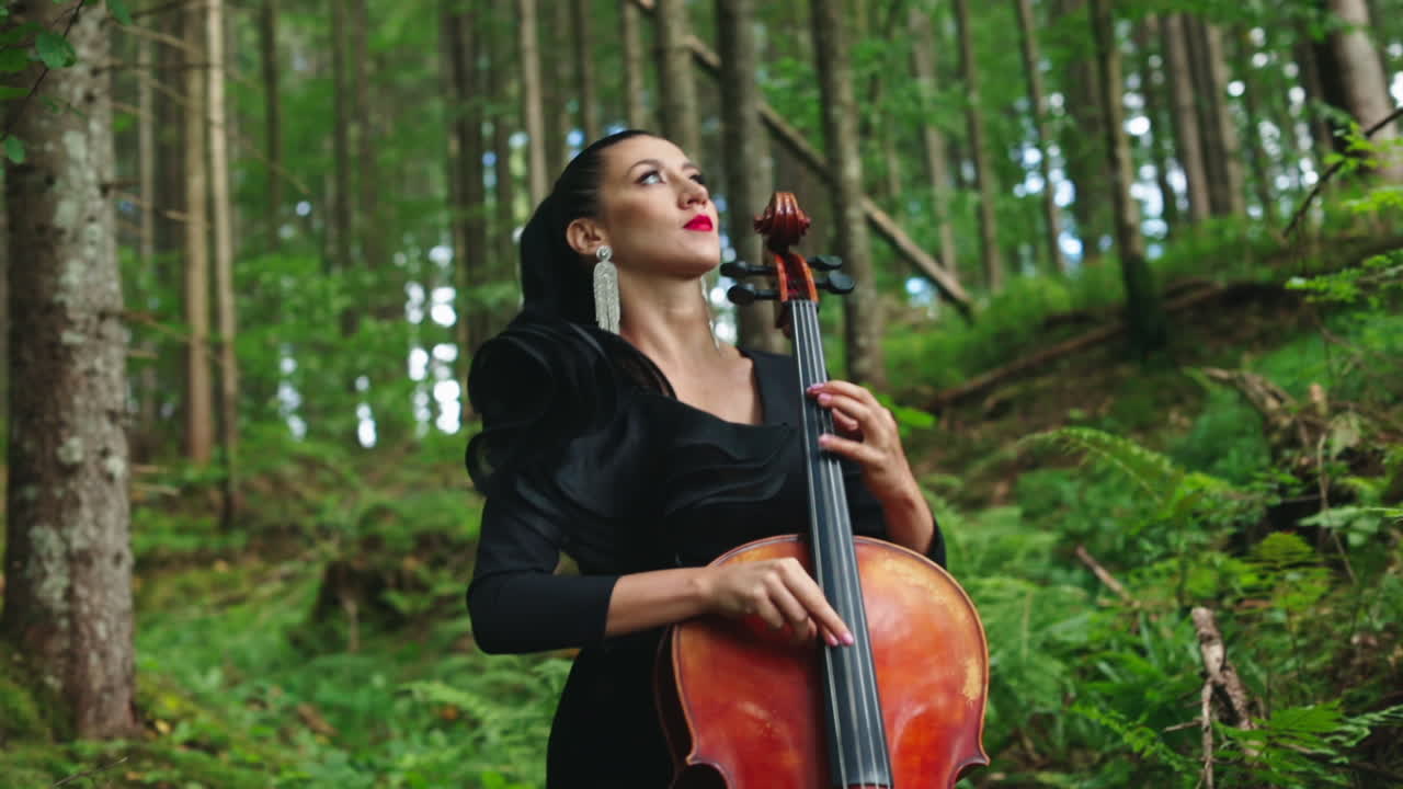Beautiful cellist in the forest. Luxury woman in black dress playing the cello on green nature background. Attractive female musician performing music outdoors.