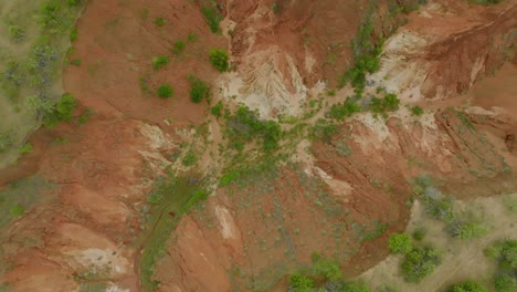 Spinning-over-red-volcano-canyon---abstract,-topshot,-drone-footage