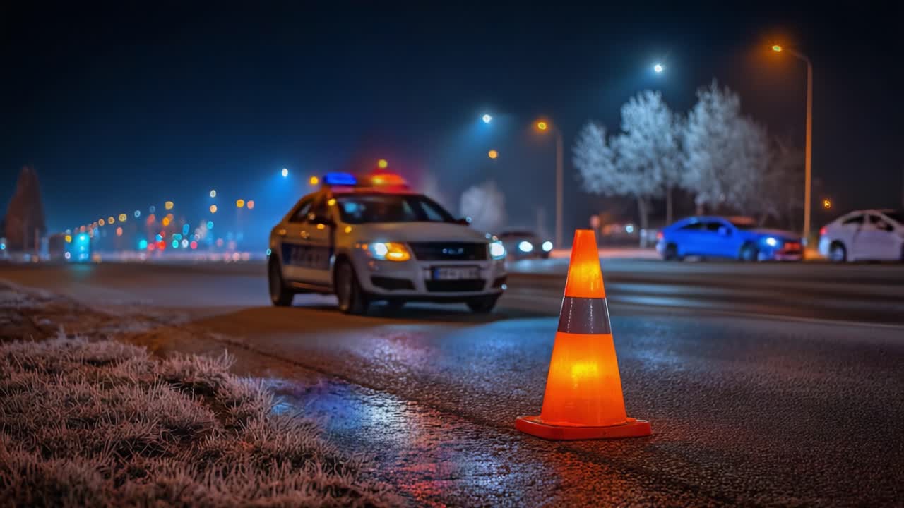 A police vehicle with flashing lights is seen near a bright traffic cone on a dimly lit street, highlighting law enforcement activity during nighttime