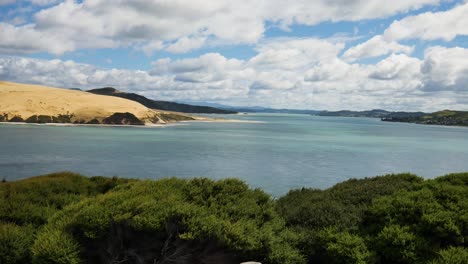 dolly forward shot of beautiful kauri coastline with bush, clear ocean water and sandy mountains during cloudy day