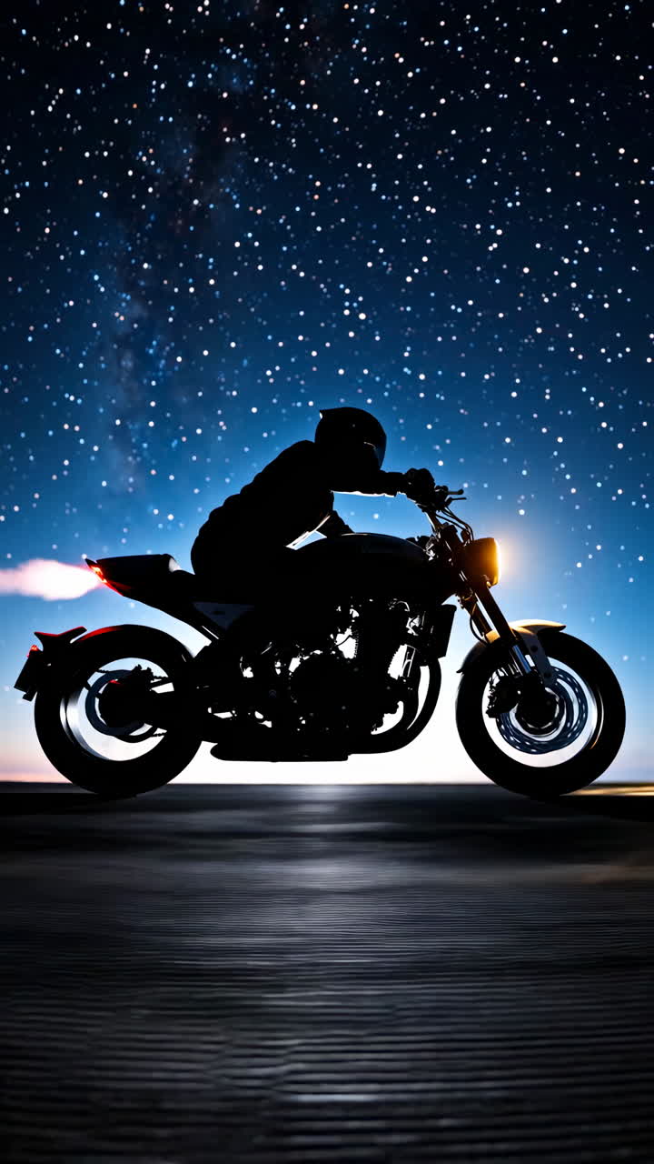 Biker Riding a Motorcycle Under a Starry Night Sky